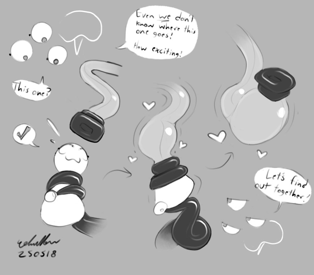 someone is being held up by a rubber tentacle of some kind, with a tube hanging above them. A 3 eyed face in the background asks “This one?” To which the person signals yes. The face says “Even we don’t know where this one goes! How exciting!”. The tentacle pushes the person into the tube opening while the face continues, saying “Let’s find out together!”. The person is then shown being completely swallowed up by the tube.