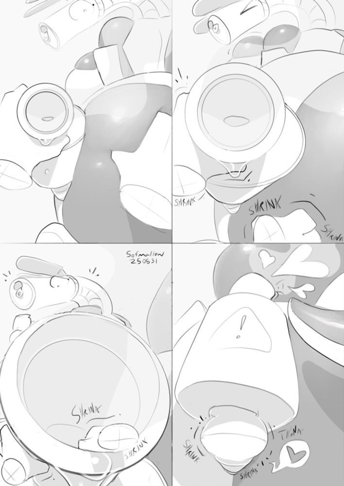 A sequence showing a POV view of someone playing with the exhaust pipe of the kangaroo drink can robot, which rapidly results in the person shrinking down as they hold onto the exhaust pipe followed by slipping into the opening, text indicating them continuing to shrink as they go deeper into it.