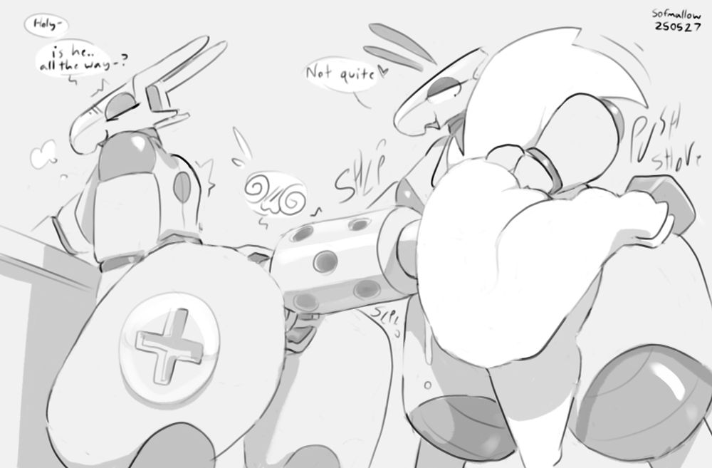 2 robots are shown toying with Cheesecake (he/him), a white anthropomorphic wolf. The one on the left leans over a counter as the other on the right shoves Cheesecake head first into the left one’s exhaust pipe, with only his rear end sticking out. The left robot says “Holy- is he.. all the way-?” Clearly flustered. The right responds “Not quite!” with a heart next to the text.