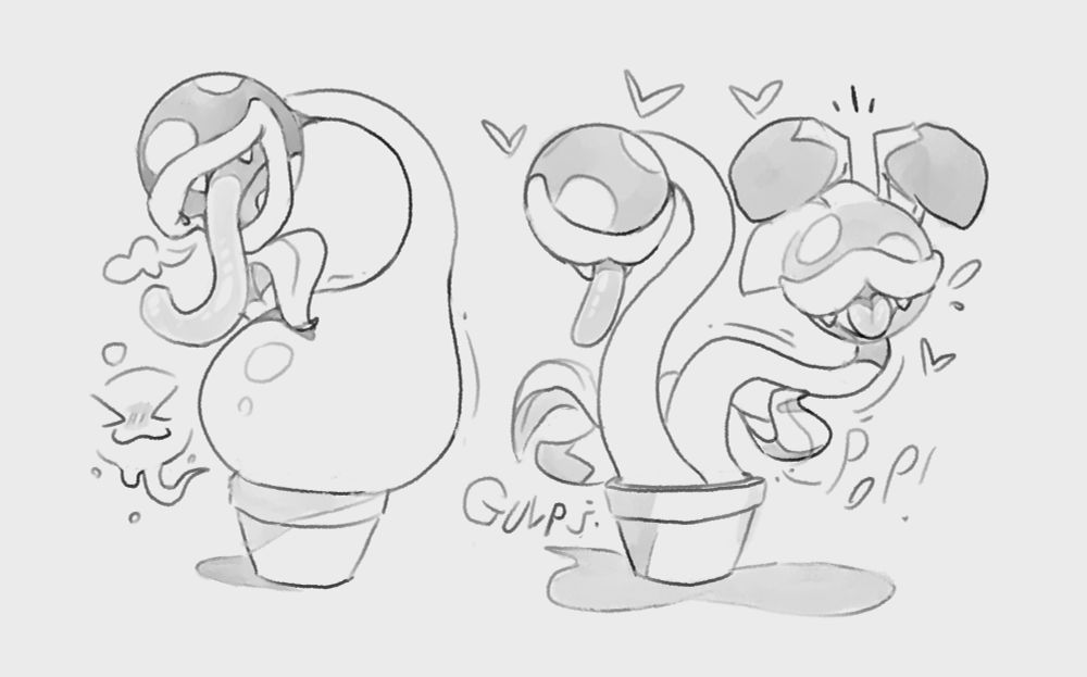 Liliko (ae/aer), now only visible as a soft bulge at the base of the piranha plant, disappears into the clay pot it resides in wth a gulp. Ae pops back out as quickly as ae went in, now transformed into a piranha plant aerself.