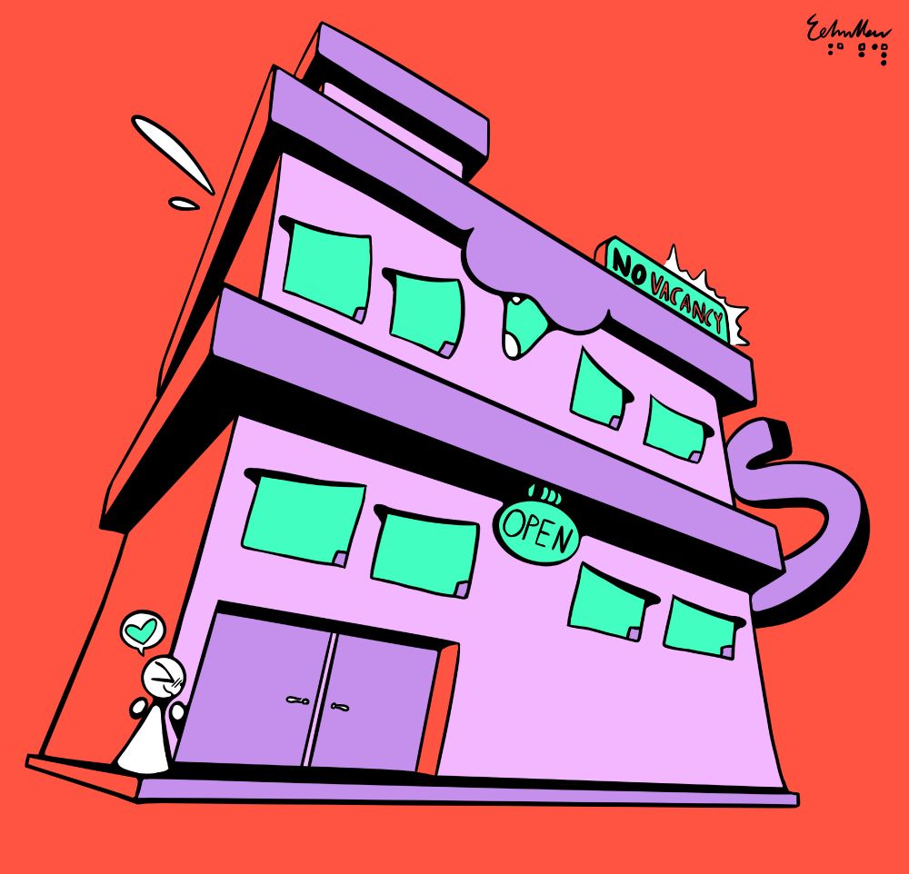 someone hugging the corner of Hotel (she/her), a purple hotel building who looks off to one side