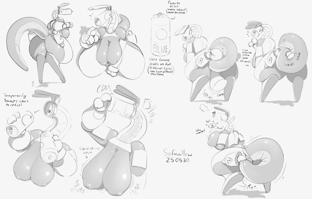 A number of drawings of a robot fella with a kangaroo-like shape, two exhaust pipes on its hips, and a soda can for a head. Text says “Uses canned drinks as fuel. (Different types can have different reactions.)” A can just labeled Blue has text pointing to it saying “Favorite drink (makes exhaust cause shrinking)” It is shown that it can detach its head to attach a canned drink, emptying the can almost instantly as the liquid inside is stored in the robots boobs which become visibly larger. This is also shown to happen when someones face is pressed against the robot’s exhaust pipes, causing them to shrink in size with that size instead being absorbed by the robot, also causing its boobs to grow in size. Finally, now that the person is shrunk to size the robot stuffs them completely in its exhaust pipe, absorbing them as well, with a little bubble showing the absorbed fella now inside the robot’s boobs.