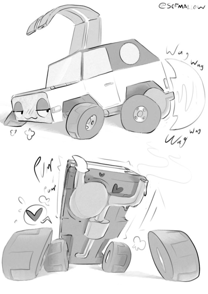Moon (she/her) in car form, with someone most of the way into her exhaust pipe, tail sticking out and wagging happily. Moon lifts her rear end up as the tail is sucked inside and the bulge travels deeper down her exhaust system.