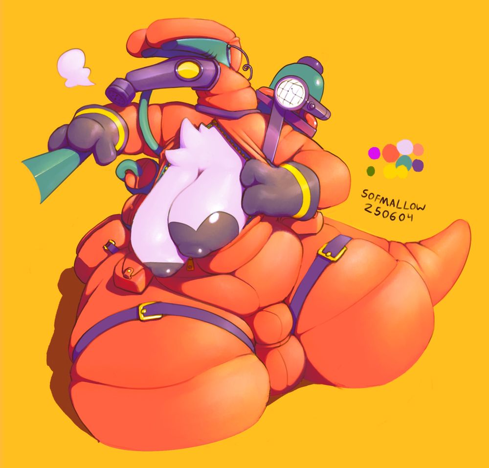 Liliko (ae/aer), a large anthropomorphic kangaroo/dragon hybrid, wearing an orange hazmat suit and gas mask. The suit is partially unzipped at the chest with aer boobs out as ae leans on a metal bar.