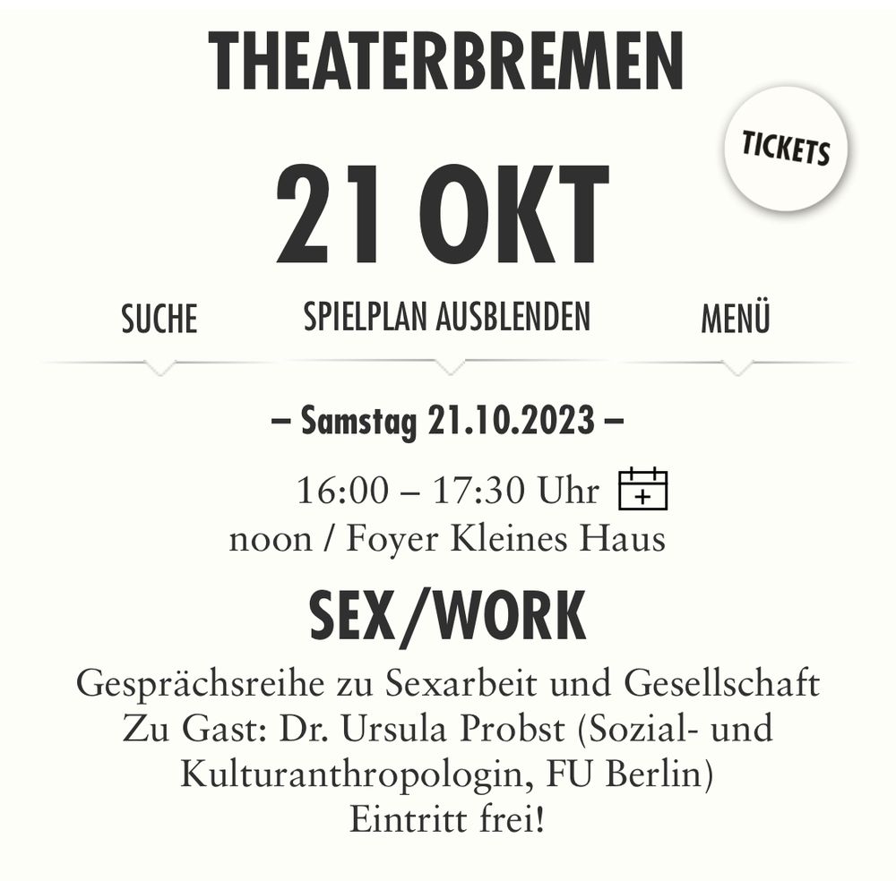 Screenshot der Ankündigung der Veranstaltung (21.10., 16.00, Eintritt frei) von der Webseite des Theaters Bremen