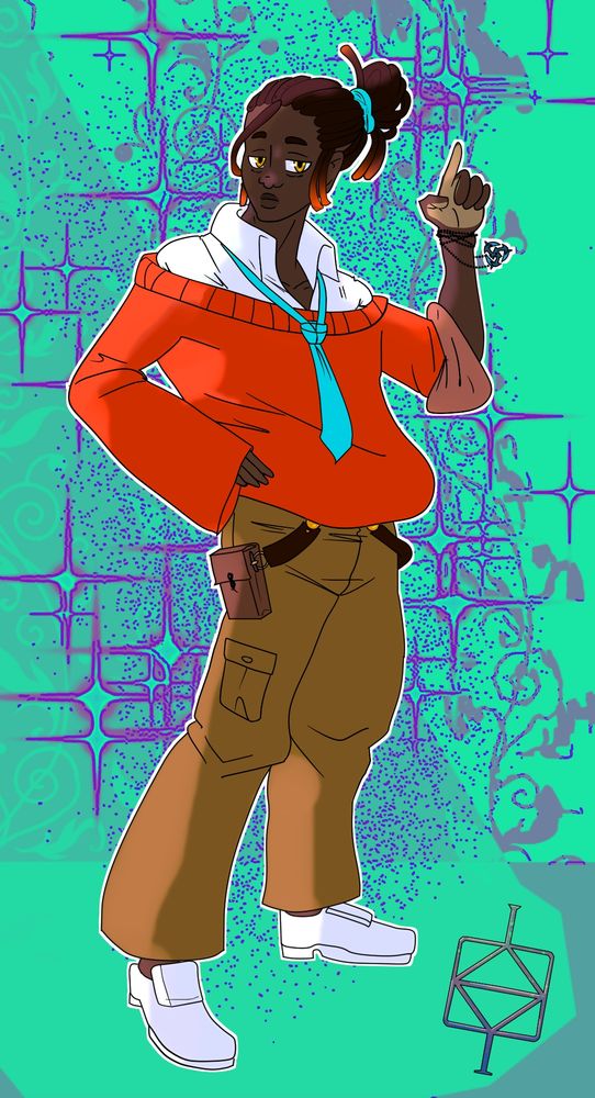 An African American man with dreads styled in a ponytail. He's wearing a white button-up shirt beneath a red oversized sweater, light brown trousers with extra pockets, and a holster filled with talismans.