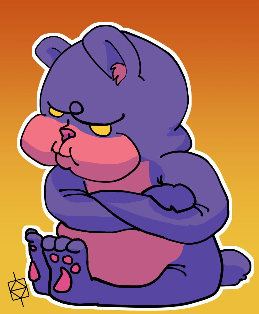 A very grumpy purple bear with yellow eyes on a orange background