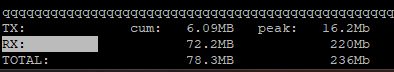A screenshot of the "iftop" utility on Linux, showing network adapter send and receive volumes. The send row says "cum" (short for cumulative). Silly dragondog noises ensue. 