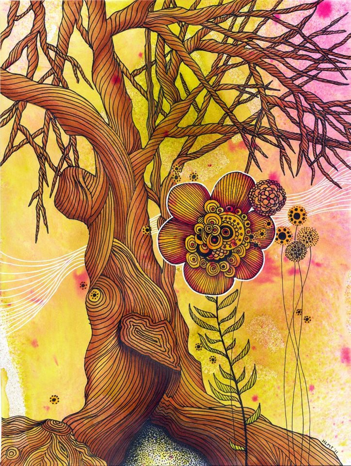 Twisty turkey tree with lots of fine lines indicating texture and movement, overshadowing some human-sized fantasy flowers, with a skein of undulating white lines in the background suggesting wind. The colors are mostly yellows, browns, and magenta.