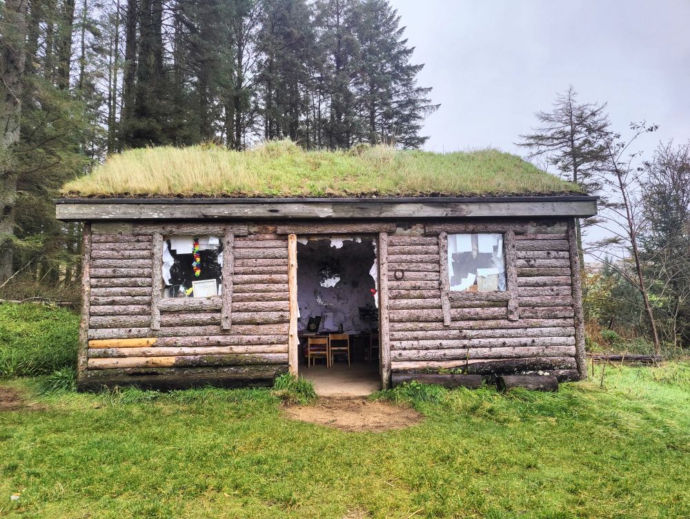 Log cabin style building with grass growing on the roof. 