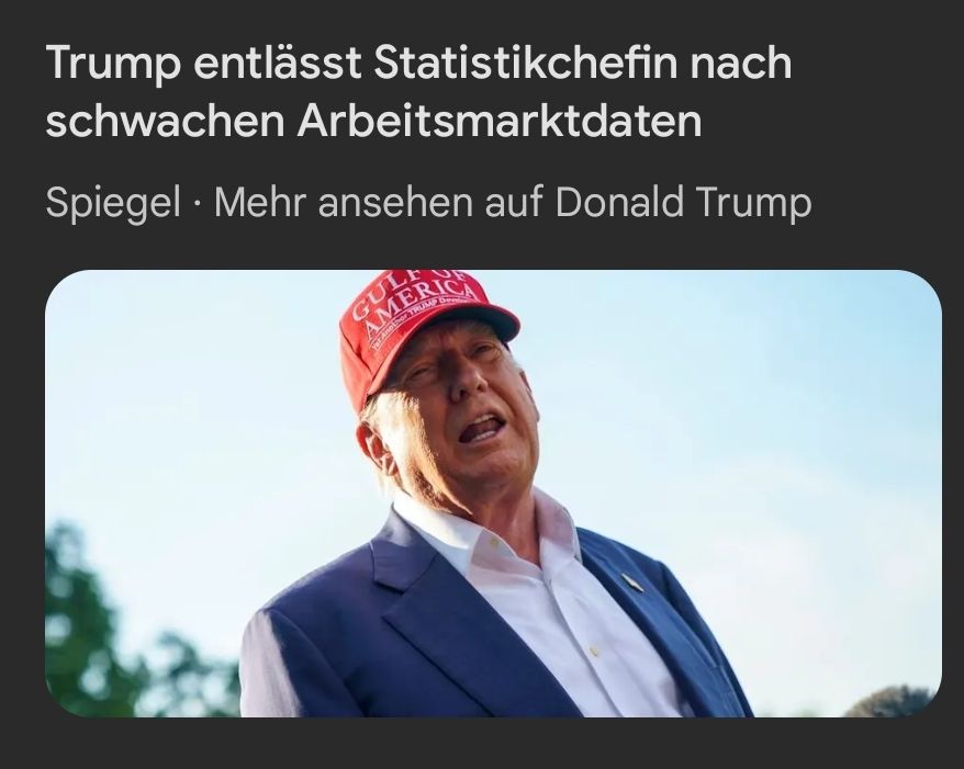 Newsfeed Artikel-Screenshot: "Trump entlässt Statistikchefin nach schwachen Arbeitsmarktdaten"