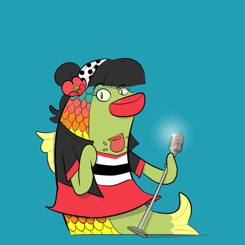 Rockabilly RainbowFish holding a old fashion microphone.