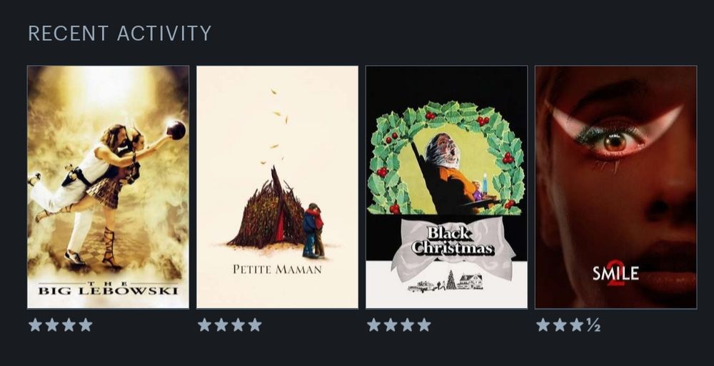Last 4 watched.
The Big Lebowski.
Petite Maman.
Black Christmas.
Smile 2.