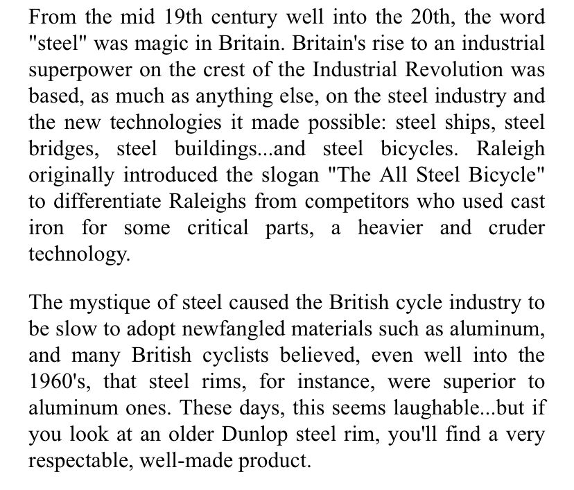 Screenshot of text describing British bike makers sticking with steel