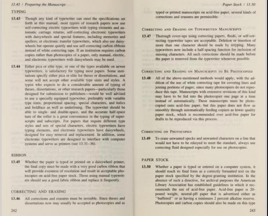 Screenshot of two pages from a book written in 1987 giving students advice about using typewriters for research papers.