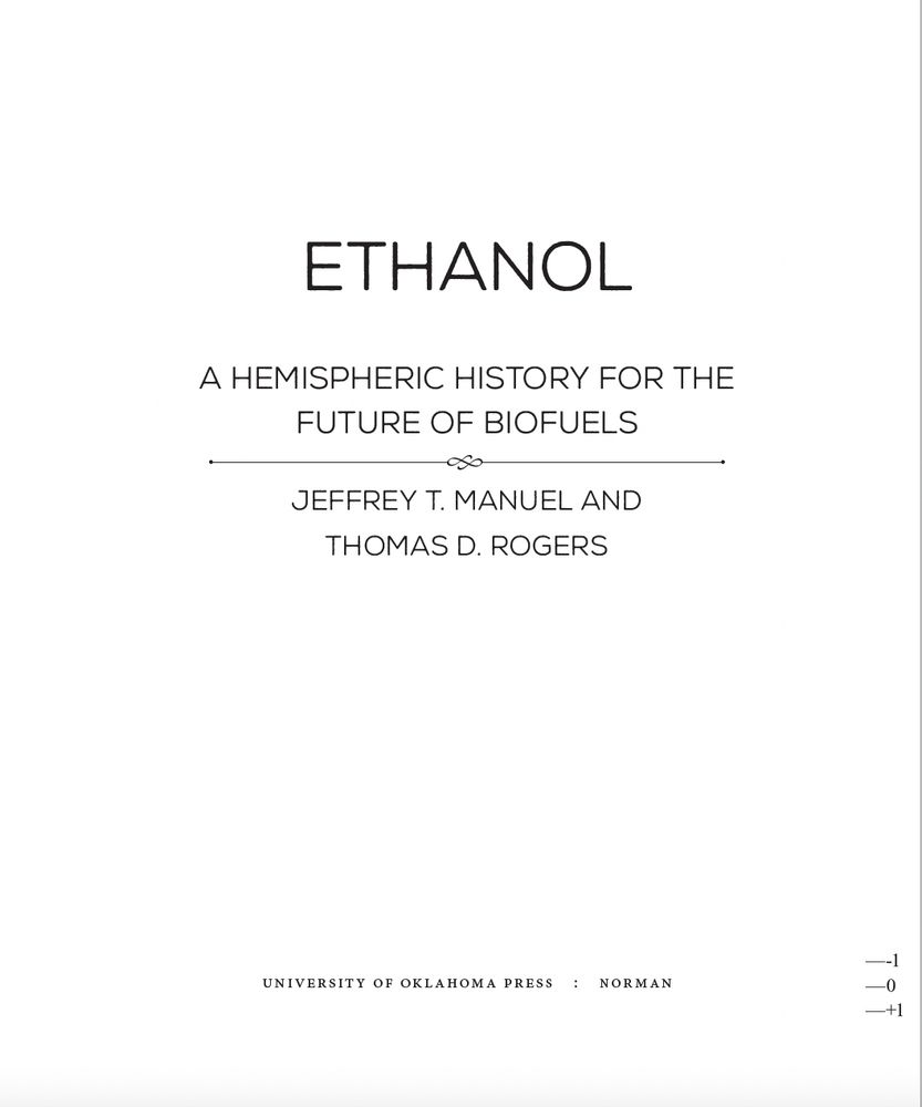 A screenshot of the title page for a book titled Ethanol: A Hemispheric History for the Future of Biofuels