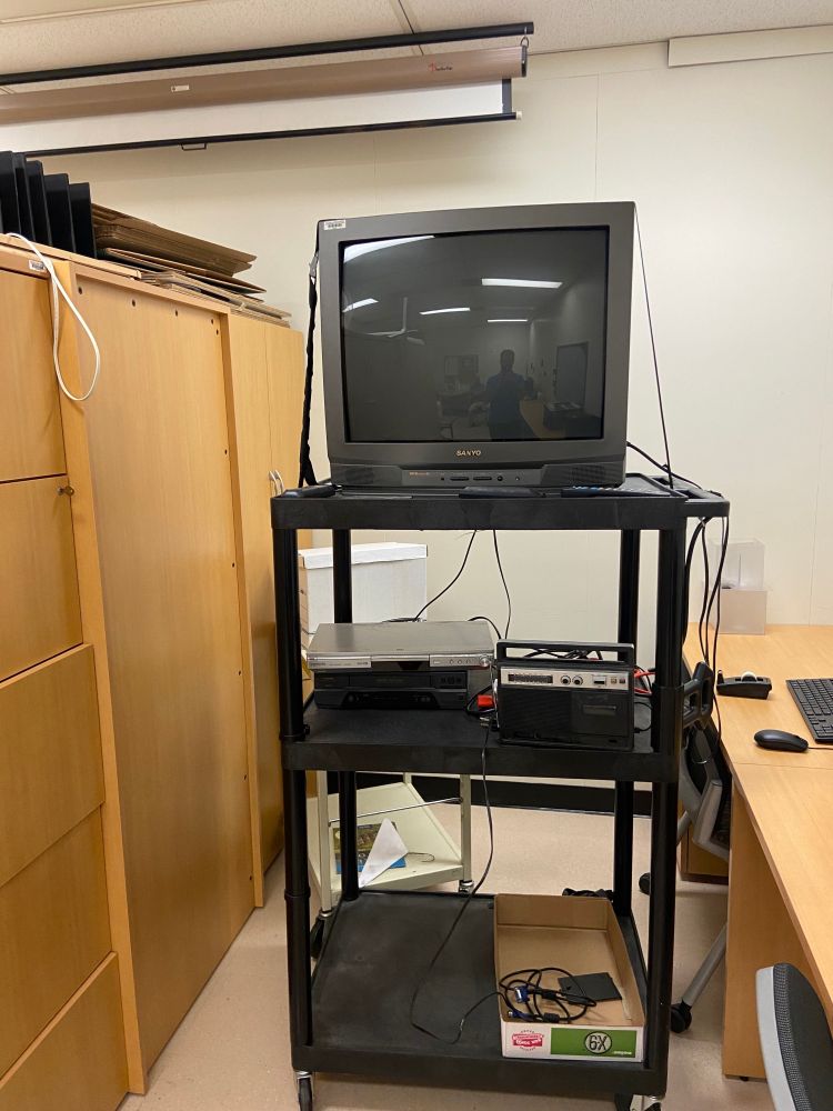 A television on a roller cart with a belt holding it in place; a DVD player; a transistor radio.