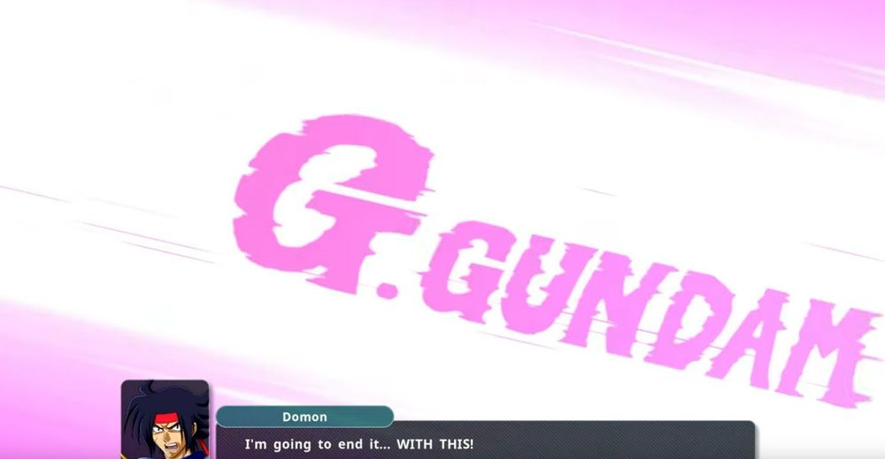 Domon Kasshu from G Gundam, as featured in Super Robot Wars Y, drawing a beam saber with the words "G. GUNDAM" written on it as he says "I'm going to end it... WITH THIS!"