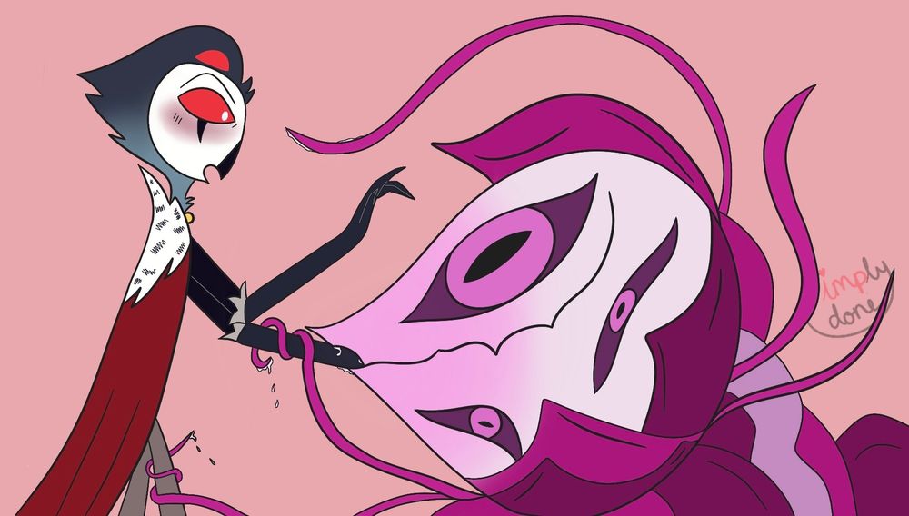 Stolas' hand getting trapped in a sex plant's mouth as he blushes 