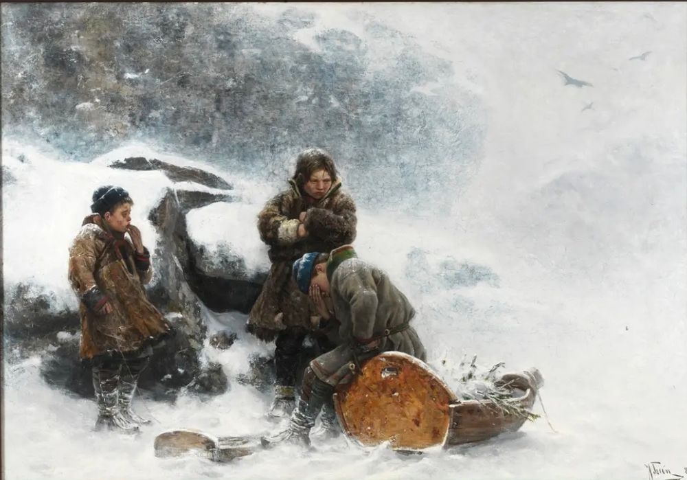 De vilsegångna ("The Lost Ones") by Johan Tirén. Three Sami children lost in a snow storm sheltering behind some rocks. One is sitting on the sled with his head in his hand, the raindeer are long gone