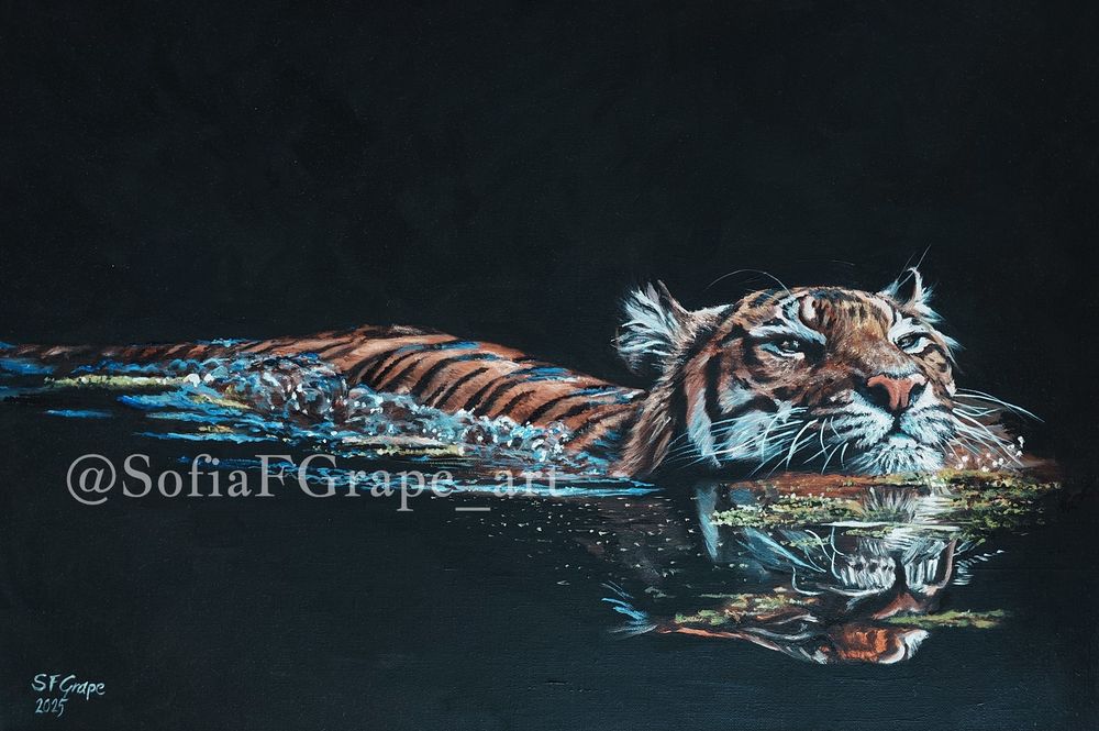 Oil painting of a tiger swimming in black water