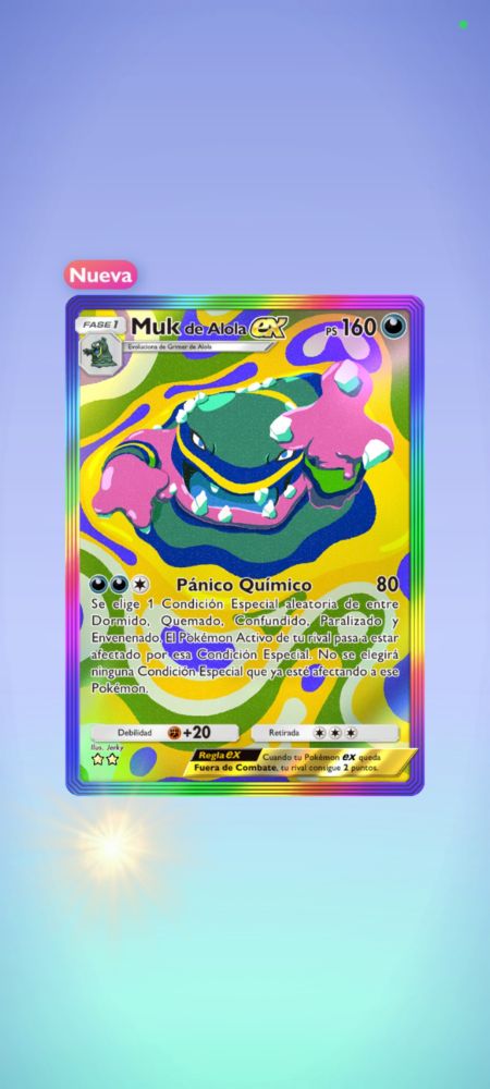 Cartita del Pokémon tcg pocket. Se trata de Muk de alola EX en full art. El reborde arcoiris queda genial con el fondo de mugre multicolor