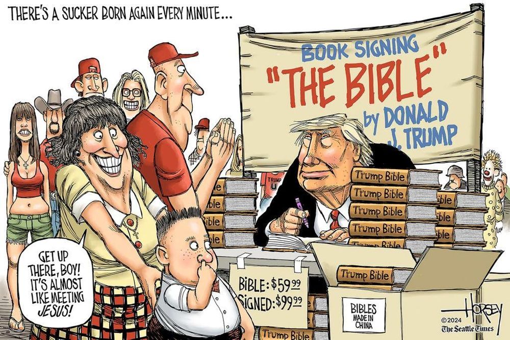Cartoon of Trump Rubes lining up to buy his Bible while one woman compares him to 