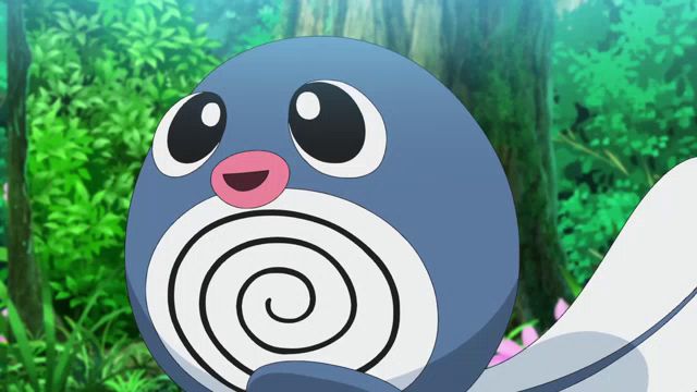 a blue cartoon character with a pink nose and a spiral around its mouth