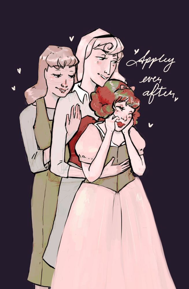 A digital art drawing of: Cinderella hugging Aurora who is hugging Snow White. Cinderella is wearing a light green dress, patterned after her maid dress and Aurora is wearing her Briar Rose outfit, with a red corset. Cinderella looks lovingly down at Snow White over Aurora's shoulder. Snow White's color scheme has been changed so that her hair is colored similar to an apple, green and red. Text beside the trio reads apple-y ever after, and they are surrounded by tiny hearts. 