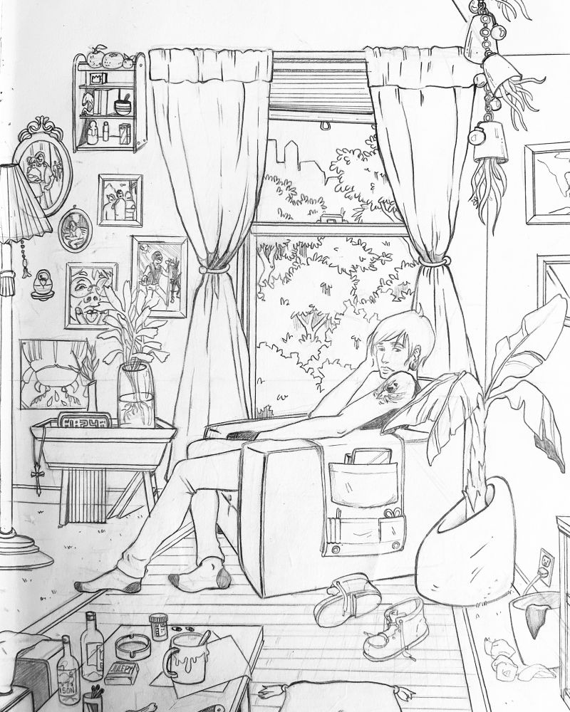 Rough pencil sketch of a man sitting in front of a window in an armchair. He’s surrounded by clutter and leaning against his hand. Photos line the back wall and on the foreground coffee table sits beer bottles, cigarettes, and pills.