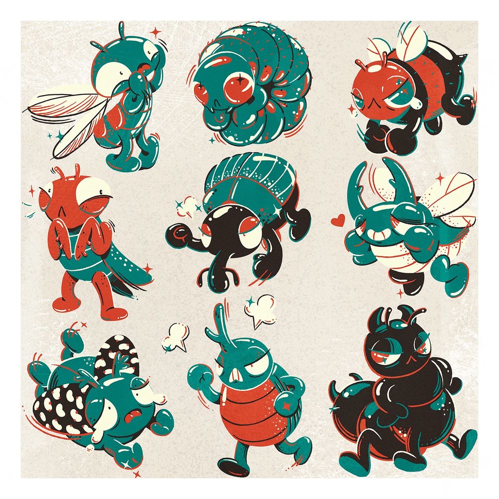 3x3 grid of digitally illustrated insects. L to R: dragonfly, grub, bee, mantis, weevil, stag beetle, junebug, hercules, and earwig.  Painted in red-orange, creams, teal, and black.