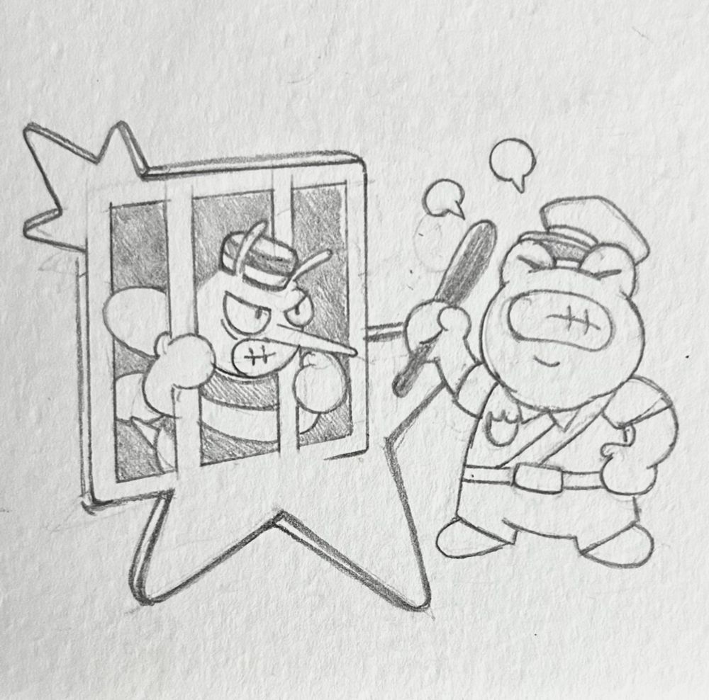 Sketch of frog cop and mosquito prisoner