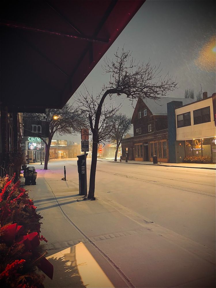 quiet snowy morning in a city, no cars or people can be seen