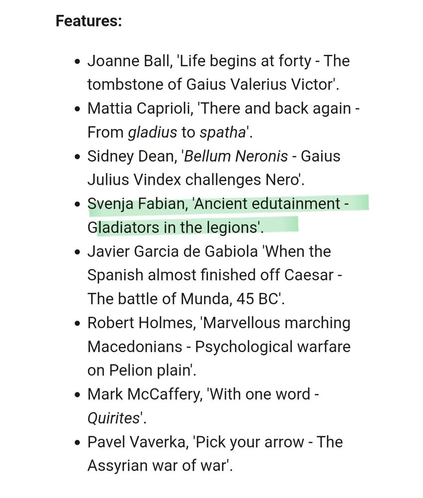 Screenshot from the website of Ancient Warfare magazine with the list of the special feature articles with mine highlighted.