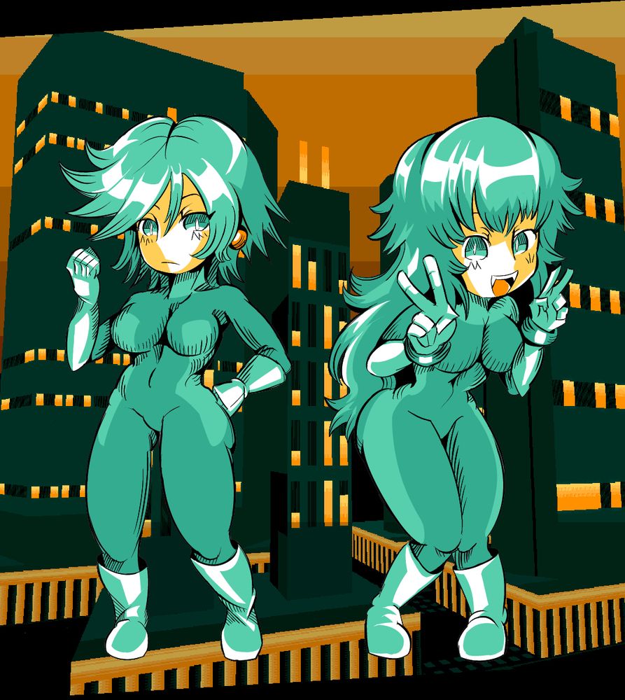 Mido (right) and Dori (left) from ZeroRanger, posing in front of a low poly recreation of the city featured in the first stage of the game.