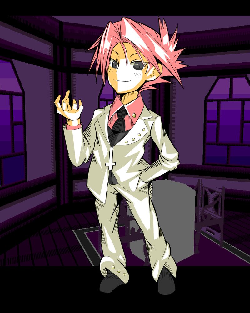 Colored sketch of Ushiromiya Battler from Umineko No Naku Koro Ni, standing in front of a low poly 3D recreation of Purgatorio.