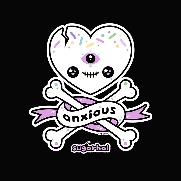 Cute heart skull with crossbones and ribbon banner that reads "anxious". Original art by me, sugarhai, a human artist.