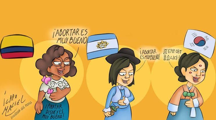 A mesma imagem, mas redesenhada pelo artista Ícaro Maciel em três versões, cada uma dizendo Abortar é Muito Bom, duas em Espanhol e uma em Coreano. A primeira lembea a personagem Mirabel Madrigal e está acompanhada da bandeira da Colômbia, além de ter os dizeres "Piratear da Disney é muito bom" na sua saia, a segunda está com roupas azuis e um chapéu preto, segurando um chamarão, acompanhada da bandeira da Argentina e a terceira está usando vestes tradicionais Sul Coreanas, acompanhada da bandeira da Coreia do Sul.