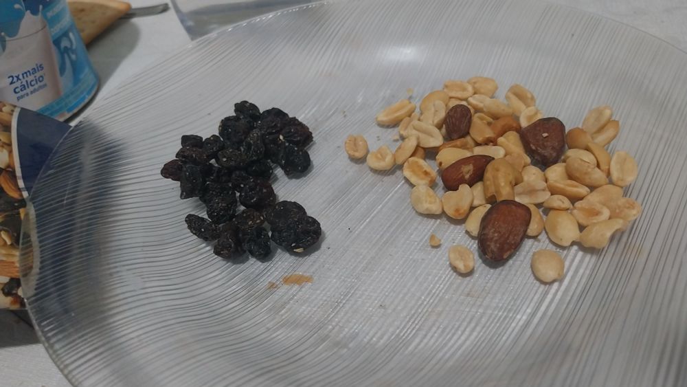foto de um prato com todas as passas de um lado e o resto do mix de castanhas do outro