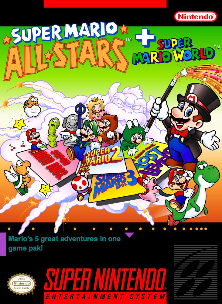 Super Mario All-Stars+World box art remaster by Ryallasha N'vetay, vertical version.