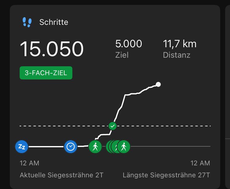 Screenshot einer Schrittgrafik. 15.050 Schritte