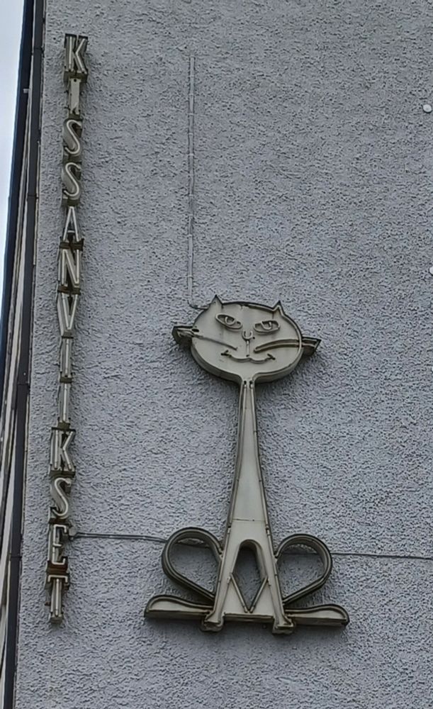 Neonkyltti talon seinässä: "Kissanviikset" pystysuunnassa ja vieressä on istuva kissa.