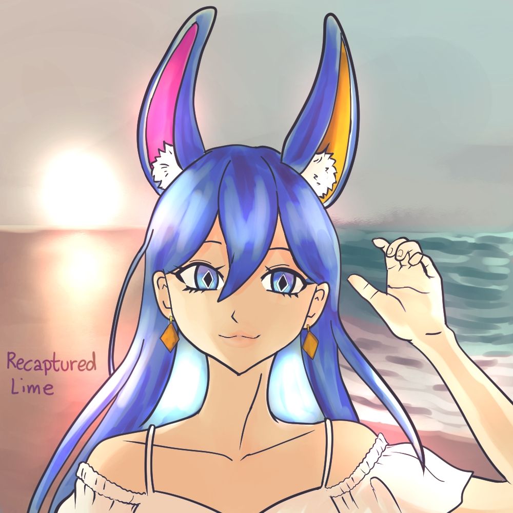 A girl with blue hair and rabbit ears. The inside of the ears are colored pink and yellow. She has diamond shaped pupils and earrings. She's on a beach with the sun setting. 