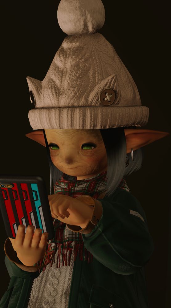 Elderly Laladfel using the /tomestone emote. 