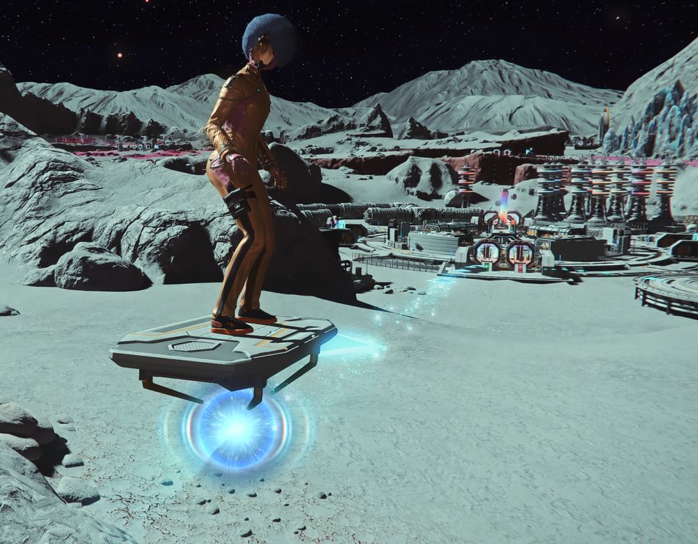 Screenshot of Little Blaster riding a hover board on the moon