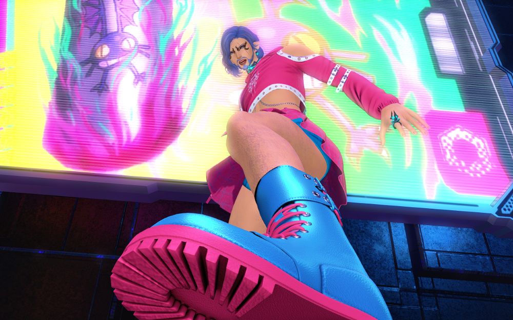 Little Blaster (She/They) an enby elezen, wears a blue and pink modern outfit. She is stomping at the ground with the camera under her pink boot, in the background is a Solution 9 billboard for a soda.