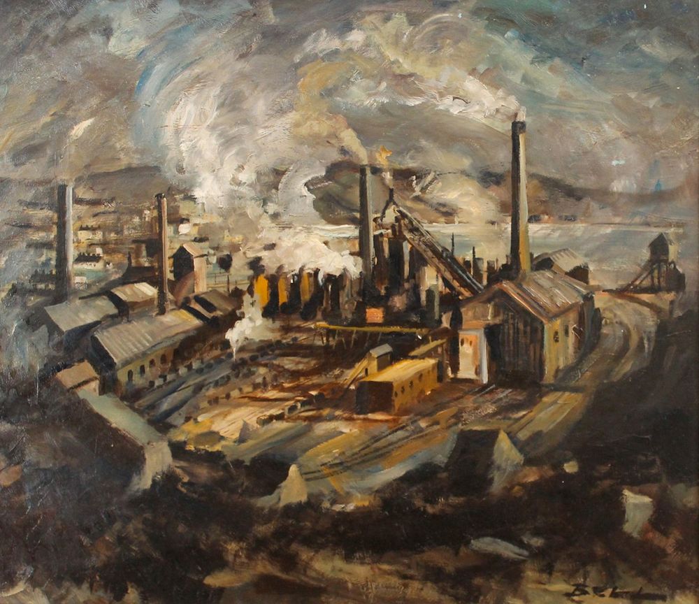 Oil painting of a heavy industrial landscape in west Cumbria with chimneys & smoke.