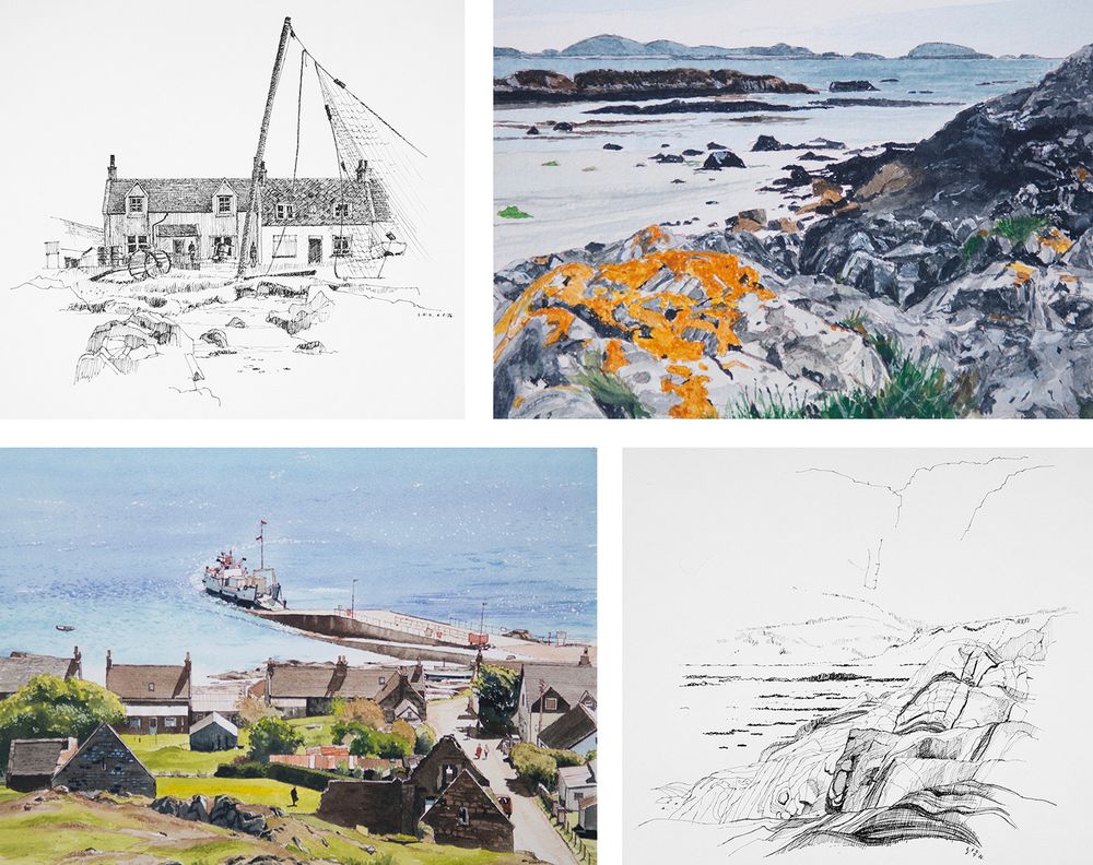 Two pen & ink drawings and two paintings from the Isle of Iona - cottage with fishing nets, lichen covered rocks at the north end, the village with ferrry at the jetty and a rock study from Port Ban.