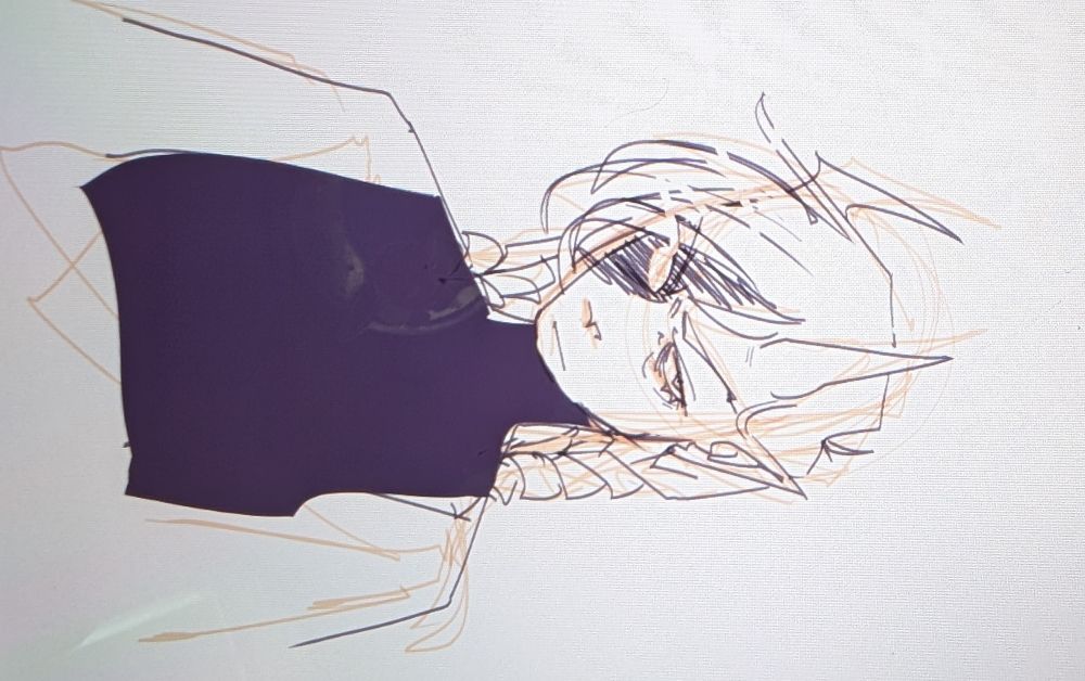 A sketch of a tiefling with braided hair. They are scowling and half their face is covered in shadow