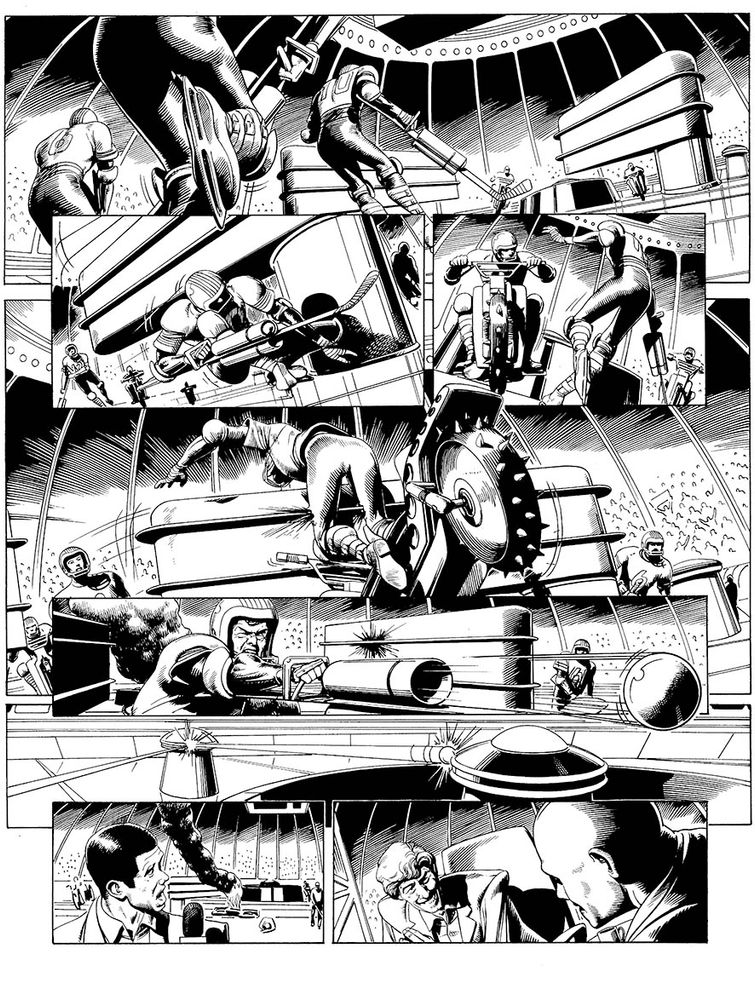 Black and white comic book page depicting a futuristic sports competition, featuring ice-skating, motorcycles and bloody violence.